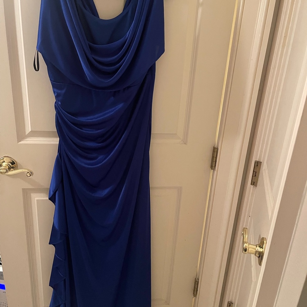Betsy & Adam Blue Asymmetrical Ruched Cocktail Gown
